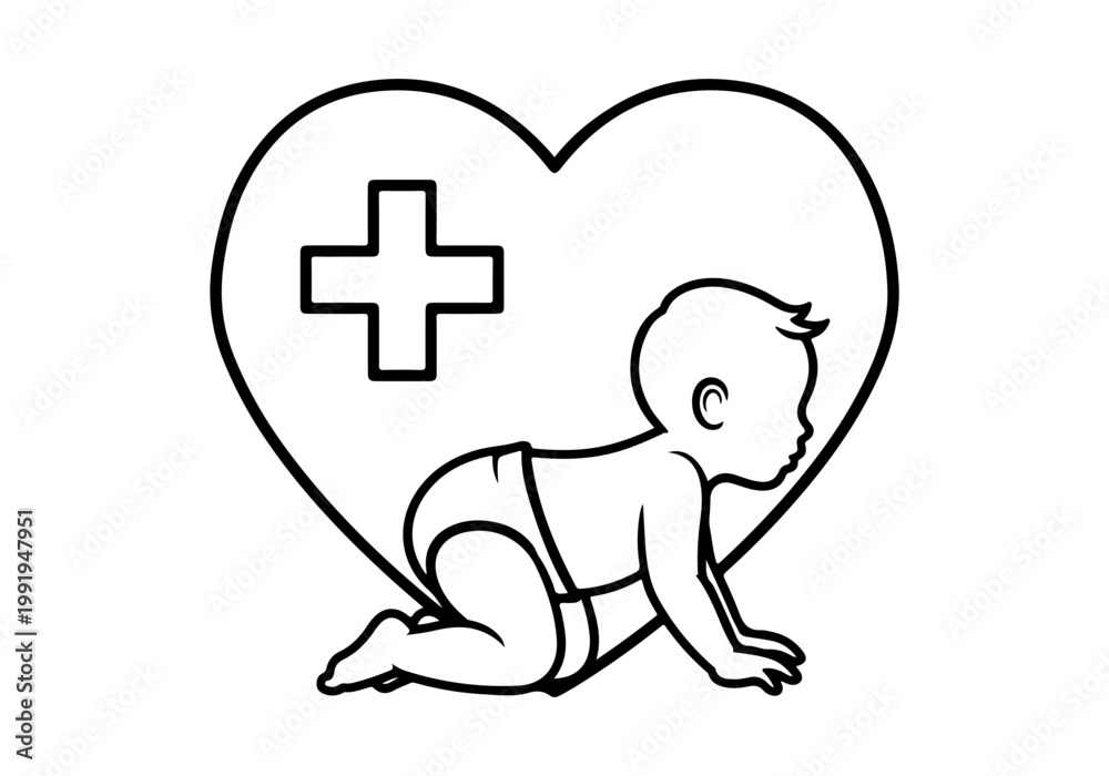 Obraz premium A delightful black and white illustration of a baby with a heart and medical cross, symbolizing healthcare and newborn care