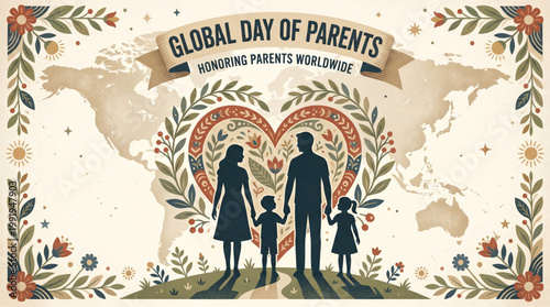 Global parents day artwork showing family silhouettes within heart and floral elements over world map background expressing love unity and appreciation for greeting and awareness vector illustration