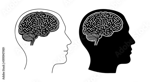 Abstract representation of a human head profile with a maze-like brain illustration