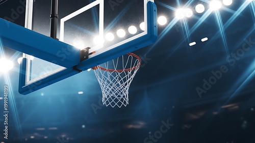A dramatic nighttime photograph of a basketball hoop under bright lights