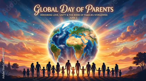 Global unity scene with families standing together under glowing earth and radiant sky celebrating parents day love care and human connection concept for awareness and greeting vector illustration