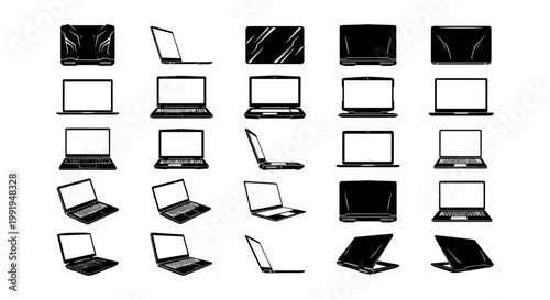 Laptop computer silhouette icons set, 25 black notebook vector elements, portable pc hardware graphics in various angles for tech design