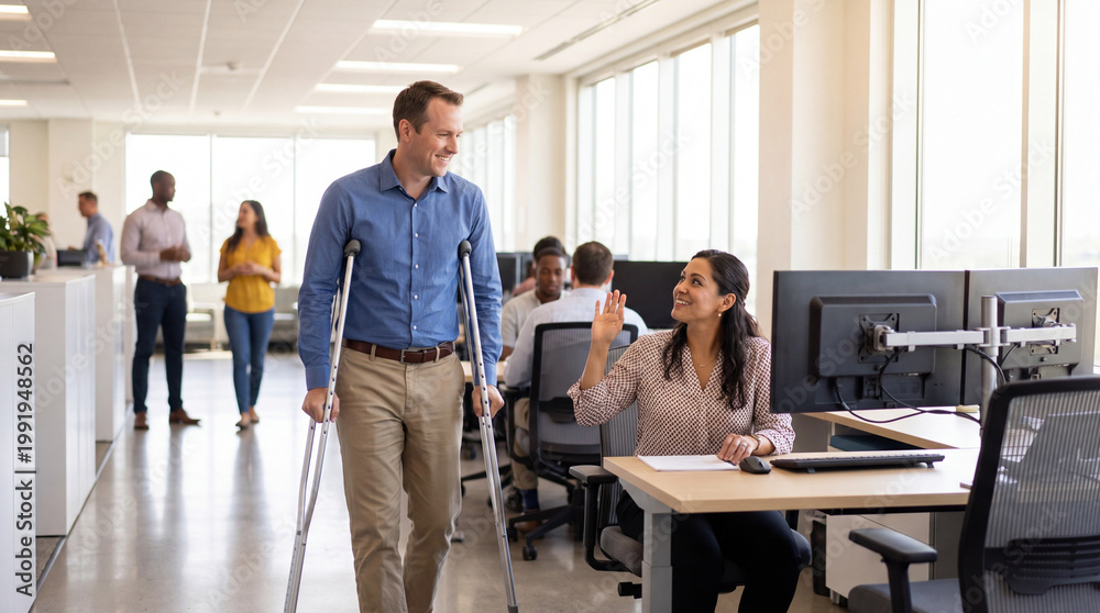 Fototapeta premium Injured male employee on crutch walking through bright open office while friendly colleague greets him, conveying inclusion and supportive workplace interaction