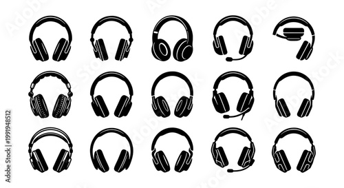 Black headphone icons set, 15 vector audio headset silhouettes, professional music and gaming earphone symbols for web and app design