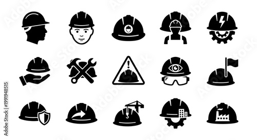 Industrial safety helmet icons set, construction hard hat vector symbols, 15 black silhouette head protection signs for engineering and site labor