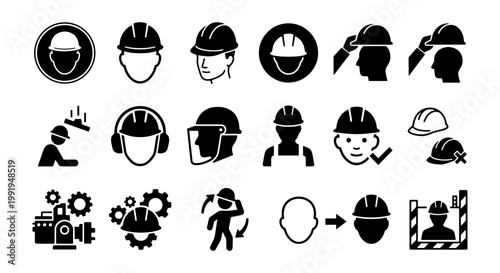 Industrial safety helmet icons set, construction hard hat symbols for workplace protection, 18 black vector signs for occupational health and safety