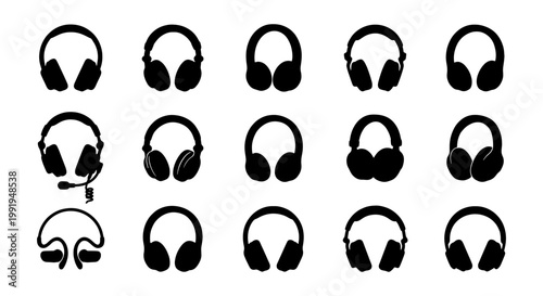 Minimalist headphone silhouette collection, set of 15 black audio headset icons, modern music and gaming earphone vector illustrations for web design