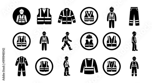 High visibility safety clothing icons set, industrial workwear and PPE vector symbols, construction worker reflective vest and uniform silhouettes