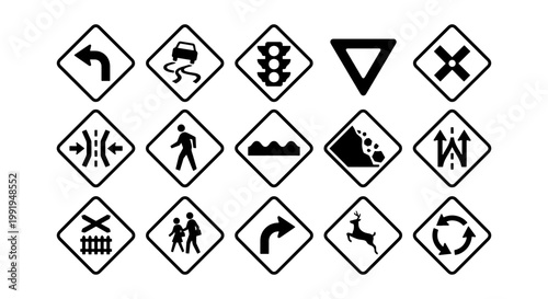 Road sign icons set, 15 black and white traffic warning symbols, flat vector illustration of highway safety signage and street navigation elements