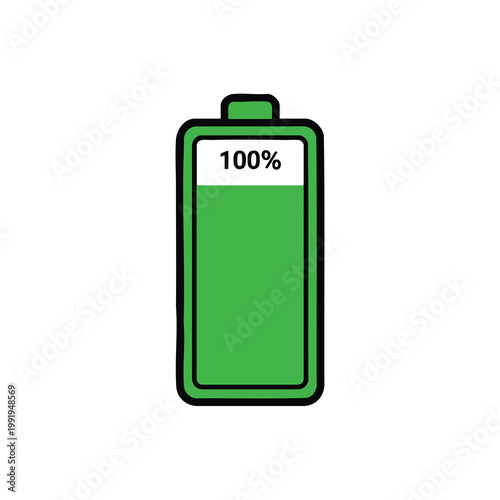 Green fully charged battery icon with 100 percent text.
