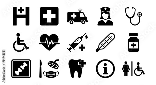 Medical icon set with 15 black vector symbols, healthcare and hospital sign collection, clinical equipment and emergency service icons for wayfinding