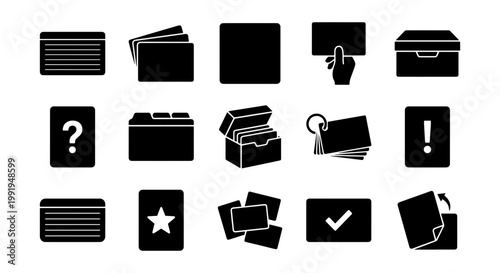 Minimalist flashcard icon set, 15 black solid vector symbols for education and study, index card and filing box icons for data organization