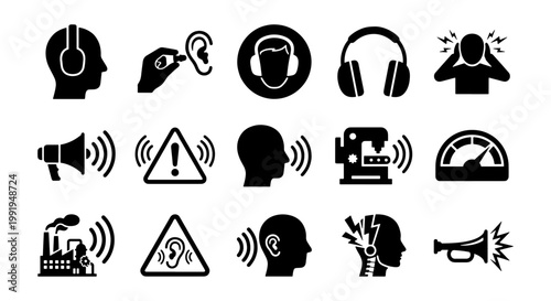 Noise pollution and hearing protection icons, 15 industrial sound safety vector elements, ear health and loud volume warning symbols