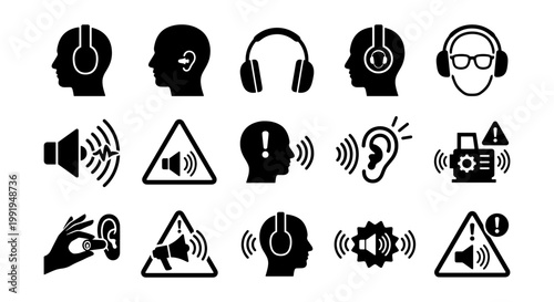 Foto Hearing protection and noise safety icons, 15 black vector symbols for industria