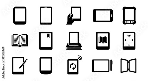E-reader and tablet icon set, 15 black digital reading device vectors, electronic book and mobile library symbols for web and app design