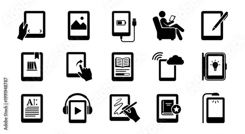 E-reader and digital book icons set, 15 black e-book reader vector symbols, electronic reading device silhouettes for mobile app and web design