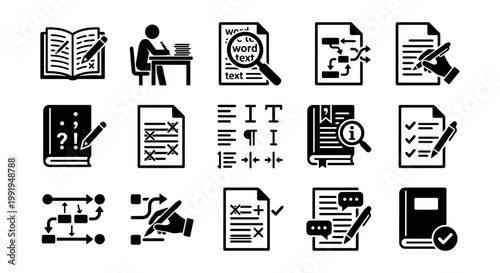 Copywriting and editing icons set, 15 black vector symbols for content creation, proofreading and grammar correction tools, professional writing and publishing assets