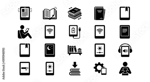 E-reader and digital library icon set, 20 black flat vector symbols for electronic books, online education and mobile reading apps