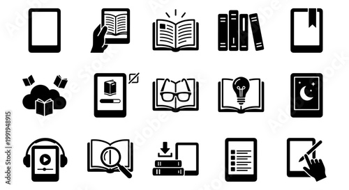E-book and digital reading icons set, 15 black vector symbols for online library and education, electronic book reader and tablet app interface elements