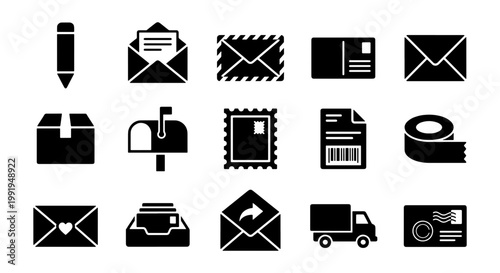 Postal service and logistics icon set, 15 black solid mail delivery symbols, shipping and correspondence vector elements for business communication