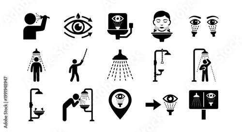 Emergency eye wash station and safety shower icons set, 15 industrial first aid pictograms, laboratory chemical splash protection symbols