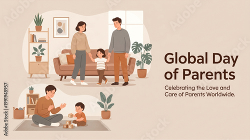 Cozy home family moments with parents and child interacting in living room scene celebrating parents day love care bonding lifestyle concept for greeting and social media illustration vector