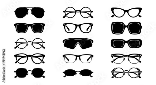 Vintage sunglasses and eyeglasses icons set, 15 black vector eyewear silhouettes, retro fashion glasses frames and optical spectacles collection