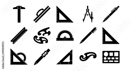Drafting tools icon set, 15 professional architectural drawing equipment silhouettes, technical engineering measurement instruments for blueprints