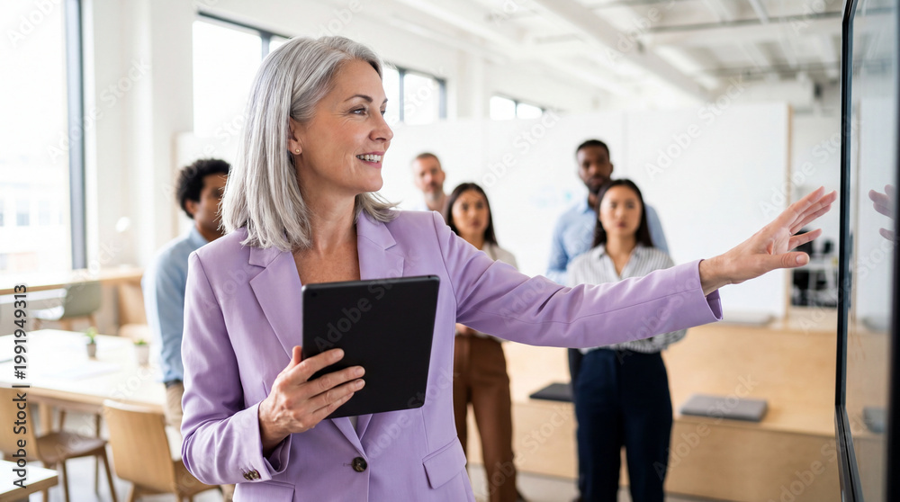 Fototapeta premium Experienced female executive in lavender blazer leading diverse team presentation with tablet in modern office, confident and engaged while pointing at screen