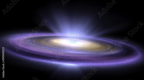 Artist's rendering of a spiral galaxy with a bright central core and glowing purple accretion disk