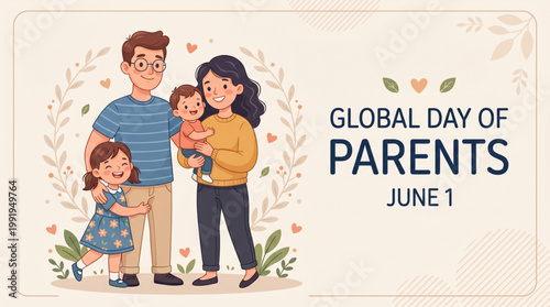 Happy family portrait celebrating global day of parents with mother father and children expressing love care and joyful bonding in soft modern illustration style for greeting and branding vector