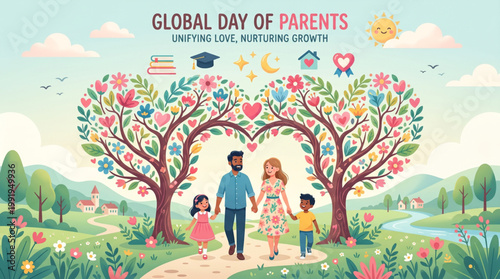Beautiful family walking under heart shaped trees filled with flowers celebrating global day of parents expressing nurturing love growth and happiness in nature inspired illustration for greeting 