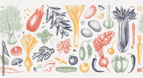 Farm vegetables seamless border in vintage engraving style. Hand drawn culinary herbs background for packaging, menu, and food design. NOT AI generated
