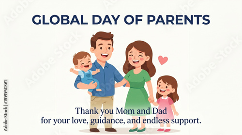 Smiling parents with children expressing gratitude love and support in global day of parents themed illustration capturing family happiness and emotional bonding for greeting and branding vector
