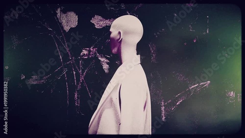Spinning stop motion style mannequin with a flickering noisy grunge film effect.