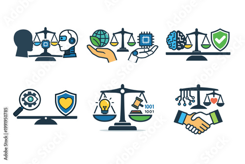 Vector icon set illustrating AI ethics and regulation, balancing artificial intelligence capabilities with human values, legal standards, sustainability, and digital trust in technology development.