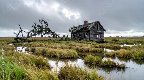 Dilapidated wooden house sits in flooded marshland under a cloudy sky, with a fallen tree