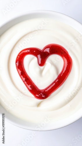 Delicious creamy yogurt topped with a heart-shaped strawberry sauce, perfect for healthy eating and romantic themes.