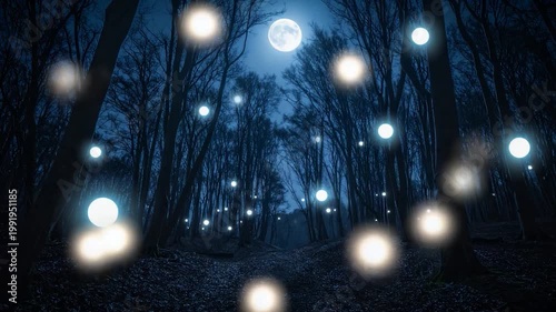 Forest at night, moonlit with glowing orbs floating amid tall, bare trees, creating a mystical scene