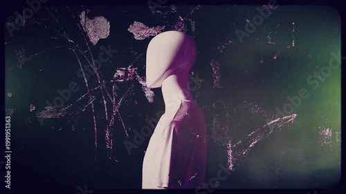 Spinning stop motion style mannequin with a flickering noisy grunge film effect.