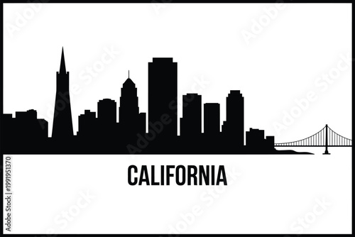San francisco skyline silhouette with the golden gate bridge and california text