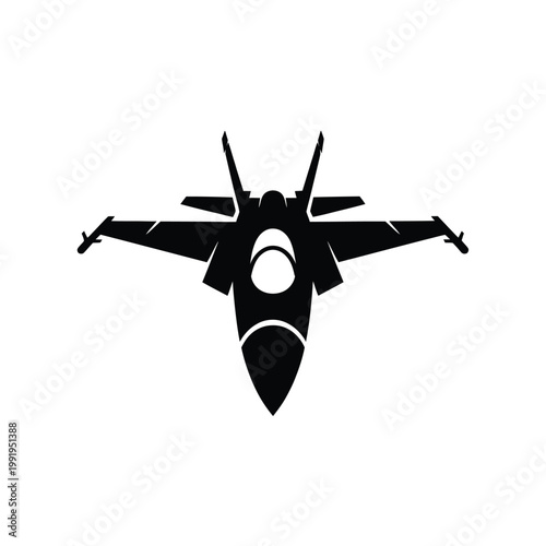 Silhouette of a fighter jet viewed directly from above black on white