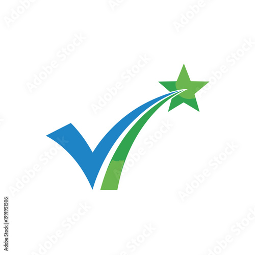 A stylized checkmark and star symbol in green and blue hues
