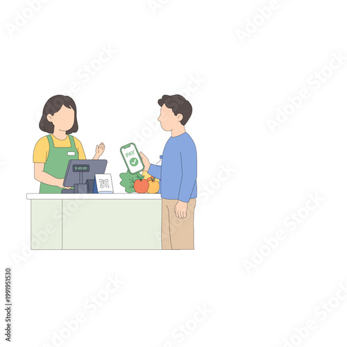 Mobile payment in grocery store with cashier and products flat vector illustration