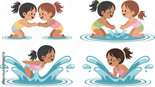 Four depictions of young girls playfully splashing water at each other
