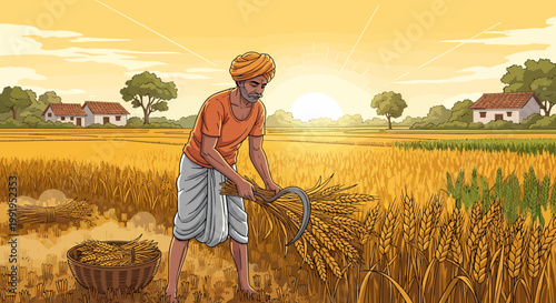 Indian farmer harvesting crops with a sickle