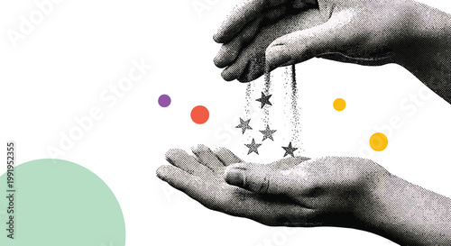 Hands, palms up, releasing stars, colorful dots, minimalist design, abstract concept, black and white, gray, vector graphics