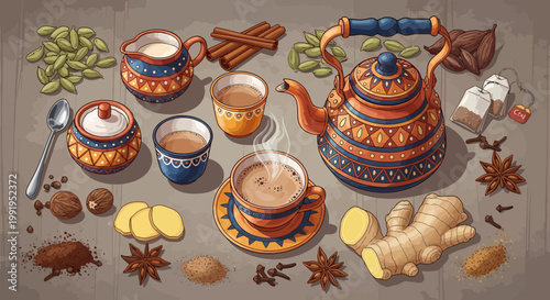 Traditional Indian Chai Tea Set with Spices and Ingredients.
