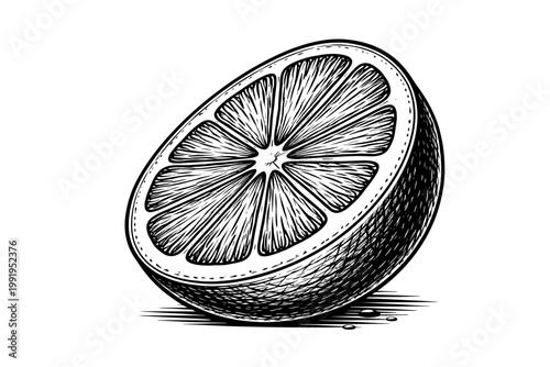 Detailed Black and White Engraving of a Half Orange Slice, Vintage Style Citrus Fruit Illustration, Hand Drawn Woodcut Line Art for Healthy Food Design, Organic Vitamin C Fruit Vector Graphic.