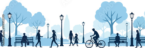 Vector Illustration of People Walking and Cycling in a Public Park with Trees and Street Lamps in Blue Silhouette Style